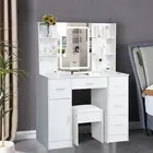 White Vanity Desk with LED Mirror Makeup Dressing Table with Cabinet and Stool
