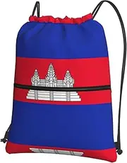 EdWal Cambodia Flag Print Drawstring Backpack Gym Bags Sports Bags With Zipper Pocket For Travel Beach, Black, One Size