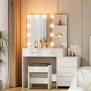 Artiss Dressing Table, 10 Bulbs LED Mirror Makeup Stool Set Wooden Vanity Desk Chair, Home Bedroom Furniture Girls Kids Women Organisers, Drawers Shelves Wide Tabletop White