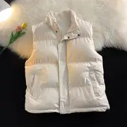 Stand Collar Plain Zip Puffer Vest Off-White - XL