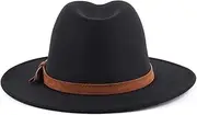 [Elandy] Black Vintage Wool Blend Fedora Hat Jazz Hat with Tassels Belt Buckle Wide Brim Trilby Panama Hat for Men Women