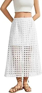 [calbatic] Women Summer Eyelet Maxi Skirt Cotton Holow Out High Elastic Waist Beach Skirt Flowy Long Skirts with Underneath, White, Medium