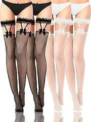 [BOARDFEB] 4 Pairs Fishnet Thigh High Stocking Bow Suspenders Thigh High Stockings Lace Top Fishnet Over Knee Stockings for Women, Black White, One Size