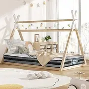 Oikiture King Single Bed Frame with Mattress, Kids with Pine Wood Base Floor Bed Frame for Toddlers