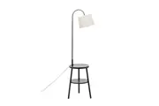 New Oriental Kamala Rubberwood 2-Round Shelves Floor Lamp Linen Shade W/ USB Port Charging - Off White/Black
