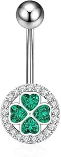 [Niaspi] 14G Four Leaf Clover Belly Button Rings for Women Girls Stainless Steel Green CZ Halo Belly Navel Piercing Barbell Studs ST Patricks Day Irish Body Piercing Jewelry, Stainless Steel, cubic zirconia