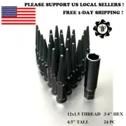 24PC+KEY 12X1.5 FOR GMC 3/4HEX BLACK 4.5'' CONICAL SEAT SPIKE WHEEL LUG NUTS
