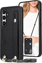 for Samsung Galaxy S24 FE (Not S24) Crossbody Wallet Case, Women PU Leather Adjustable Lanyard Case Wrist Strap Stand Cover with Card Holder for Samsung S24FE 5G, KB Black