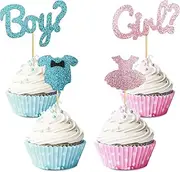 16 Pack Boy or Girl Theme Cupcake Toppers for Gender Reveal Baby Shower Birthday Party Supplies Glitter Kids Blue Onesie Jumpsuit Cake Decorations Pink Dress Cupcake Picks Gender Reveal Cupcake Topper