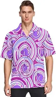 [GuoChe] Hawaiian Button Up Shirt Men Short Sleeve Valentine's Day Purple Swirls Hot Pink Activewear Camisa de Playa para