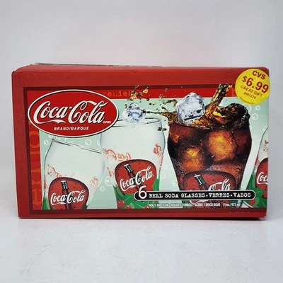 Coca-Cola Bell Soda Glasses 16 oz, Set of 6, Christmas Holly and Icon Glasses