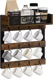 Coffee Mug Holder Wall Mounted 3-Tier Cup Rack 12 Hooks Rustic Wood Organizer