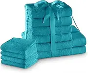 AmeliaHome Set 10pcs 4 Guest Towels 30x50 cm, 4 Towels 50x100 cm and 2 Bath Towels 70x140 cm 100% Cotton Absorbent Turquoise Amari