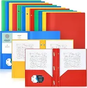 Gueevin 12 Plastic Folders with Pockets, Two Pocket Folder Fit Letter Size, Folders with 3 Prongs and 3 Hole Punch Pocket Portfolios Heavy Duty School Business Card Holder for Home Office School