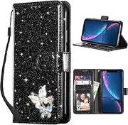 UEEBAI Wallet Case for iPhone XR, Premium Glitter PU Leather Phone Case Card Slots Kickstand Case Magnetic Closure Bling Handbag Case Shockproof Hand Strap Flip Cover - Black