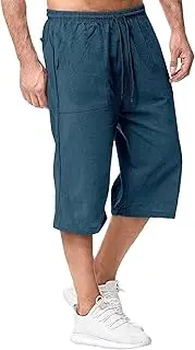 [JEShifangjiusu] Men's Causual 3/4 Long Cotton Shorts Drawstring Elastic Waist Cargo Straight Shorts Wide Leg Baggy Pants, Blue A2, XXL