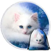 Cat Painting Blue Eyes White Lady Kitty Round Beach Towel