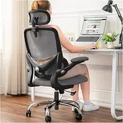 [TONFARY] Ergonomic Home Office Chair, High Back Mesh Desk Chair with Adjustable Lumbar Support, Flip-up Armrest, Removable Headrest, Swivel Computer Gaming Chair, Space Saving, 150KG (Black+Grey)