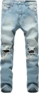[Zylphorix] Men Stretch Ripped Button Pencil Jeans Distressed Zipper Denim Pants with Holes Y2K Mid Waist Retro Skinny Trousers, Light Blue, 30