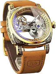 [FORSINING] Men's Luxury Square Carving Mechanical Watch, Retro Totem Double Sided Hollow Skeleton Self-Wind Automatic Watches, Vintage Leather Strap Wristwatch