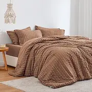 Love's cabin Seersucker Mocha Mousse Queen Comforter Set 7 Pieces, All Season Bedding Set, Queen Bed in a Bag with Comforter, Flat Sheet, Fitted Sheet, Pillowcase and Pillow Sham