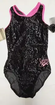 GK Simone Certified Gymnastics Leotard Black Leopard Velvet Sz S W/ Scrunchie