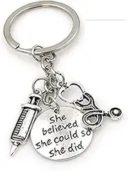 [Medinc] she believed she could so she did Syringe Stethoscope Keychain Key Chain Keyring Doctor Nurse Physicians Medical Student Graduation Gift Jewelry