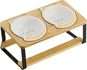 Elevated Cat Bowls, Double Ceramic Raised Food Dish, Spill Proof Design, Non Slip Wooden Base, Excellent for Kittens, Puppies, and Small Pets in Apartments or Travel