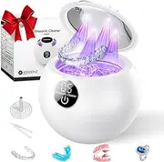 [TOMEISOR] Ultrasonic Retainer Cleaner Machine,45kHz Ultrasonic Cleaner,UV Lamp 360°Cleaning for Dentures,Mouth Guard,Jewelry,Braces,Toothbrush Heads with 250 ML Dental Cleaning Pod, 6 Modes,White