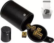 (6) Pearlized Dice Olympic Gold + PU Leather Black Felt Cup Compartment Boxed