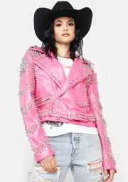 [AZALEA WANG] Pink Sofi Studded Moto Jacket