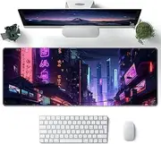 ProbTis Large Cyberpunk Mouse Pad, Gaming Cool Desk Pad, Extended Japanese Keyboard Mat, Neon Tokyo Mouse Pad, Stitched Edges, Non-Slip Rubber Base, 31.5''x11.8'' (Dark City), X-Large
