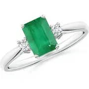 Classic Emerald-Cut Emerald & Round Diamond Three Stone Ring