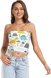 [RPLIFE] Cute Cartoon Dinosaurs White Tube Top, Sleeveless Crop Top, Mesh Tube Tops, Trendy Crop Tops (S)