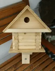 Log Cabin Style house Bird wood wooden shingled roof Birdhouse-yard-Tree natural