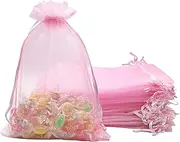 Jexila 100PCS Sheer Pink Organza Bags 5X7 Inch Mesh Drawstring Jewelry Gift Bags for Wedding Party Baby Shower Favor Pouches Candy Bags (Pink 5X7)