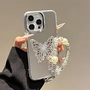 PONRFEKT for Huawei Mate 30E Pro Case,for Women Girls Luxury Bling Butterfly Mirror Protective Cover Phone Case with Pearl Chain,Silver