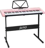 [Alpha] 61 Keys Lighted Electronic Piano Keyboard with Music Stand, Pink