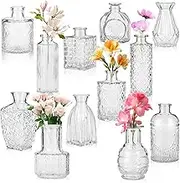 Glass Bud Vase Set of 12, Small Vases for Flowers, Clear Centerpieces, Mini in Bulk Rustic Wedding Decorations, Vintage Look Home Table Flower Decor