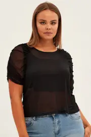 Black Mesh Top Ruched Sleeve Sheer Round Neck