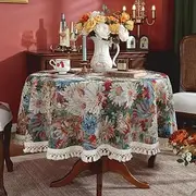 USTIDE Vintage Floral Tablecloth Jacquard Rustic Table Cover Farmhouse Blossom Table Cloth,150cm,Round