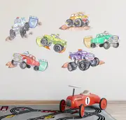 Monster Trucks Australian Design Hand Painted Peel & Stick, Removable Wall Decal. Nursery, Kids Playroom, Kids Teens Bedroom