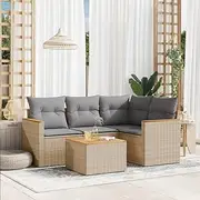 5 Piece Garden Sofa Set with Cushions, Mix Beige Poly Rattan Outdoor Furniture, Includes Table and Chairs, UV-Resistant Patio Conversation Set for Balcony, Deck, Backyard, or Porch