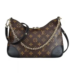 【Louis Vuitton 路易威登】LV M45831 BOULOGNE 壓印LOGO老花帆布拉鍊手提斜肩背牛角包(咖啡x黑)