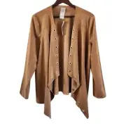 Chicos Grommet Faux Suede Drape Jacket Open Cardigan Brown Womens Size 2P Petite
