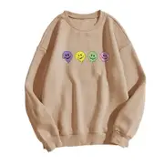 Nevenka Womens Smiley Face Sweatshirts Crewneck Loose Pullover-Champagne
