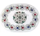 Dining Table Top Inlaid with Floral Design White Oval Marble Reception Table