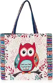 [Oyachic] Canvas Owl Tote Bag Aesthetic Crochet Hobo Shopper Shoulder Handbag with Zip Interior Pocket Reusable for Women Beach