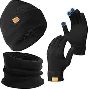 [LOKZEER] Winter Set - Men Women Warm Hat Scarves with Thermal Wool Lining Knit Beanies Neck Warmer and Touchscreen Gloves - Black