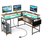 CostwayL-Shaped Home Office Gaming Desk with LED Lights and Power Outlets-Rustic Brown